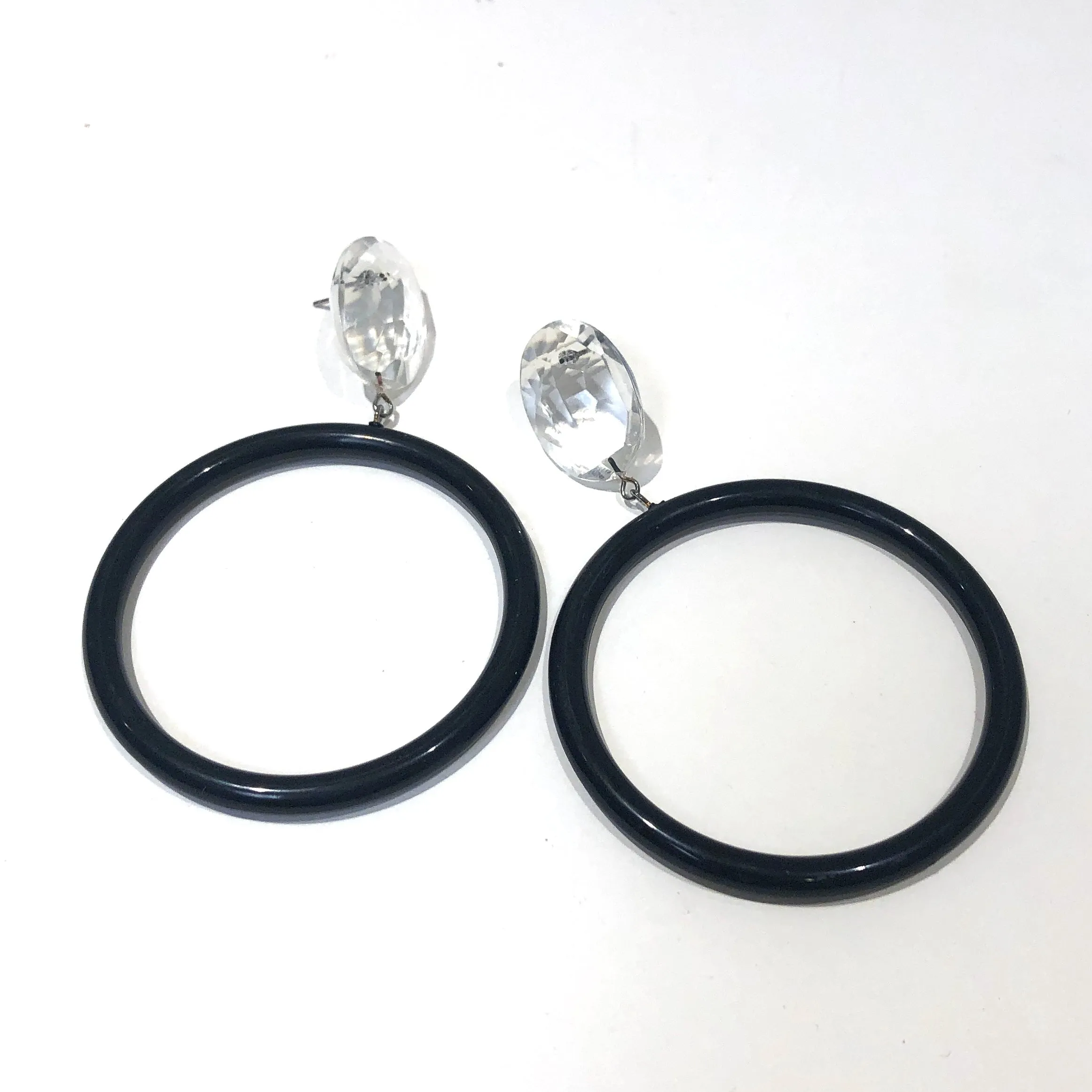 Faceted Clear & Black Large Donut Drop Earrings