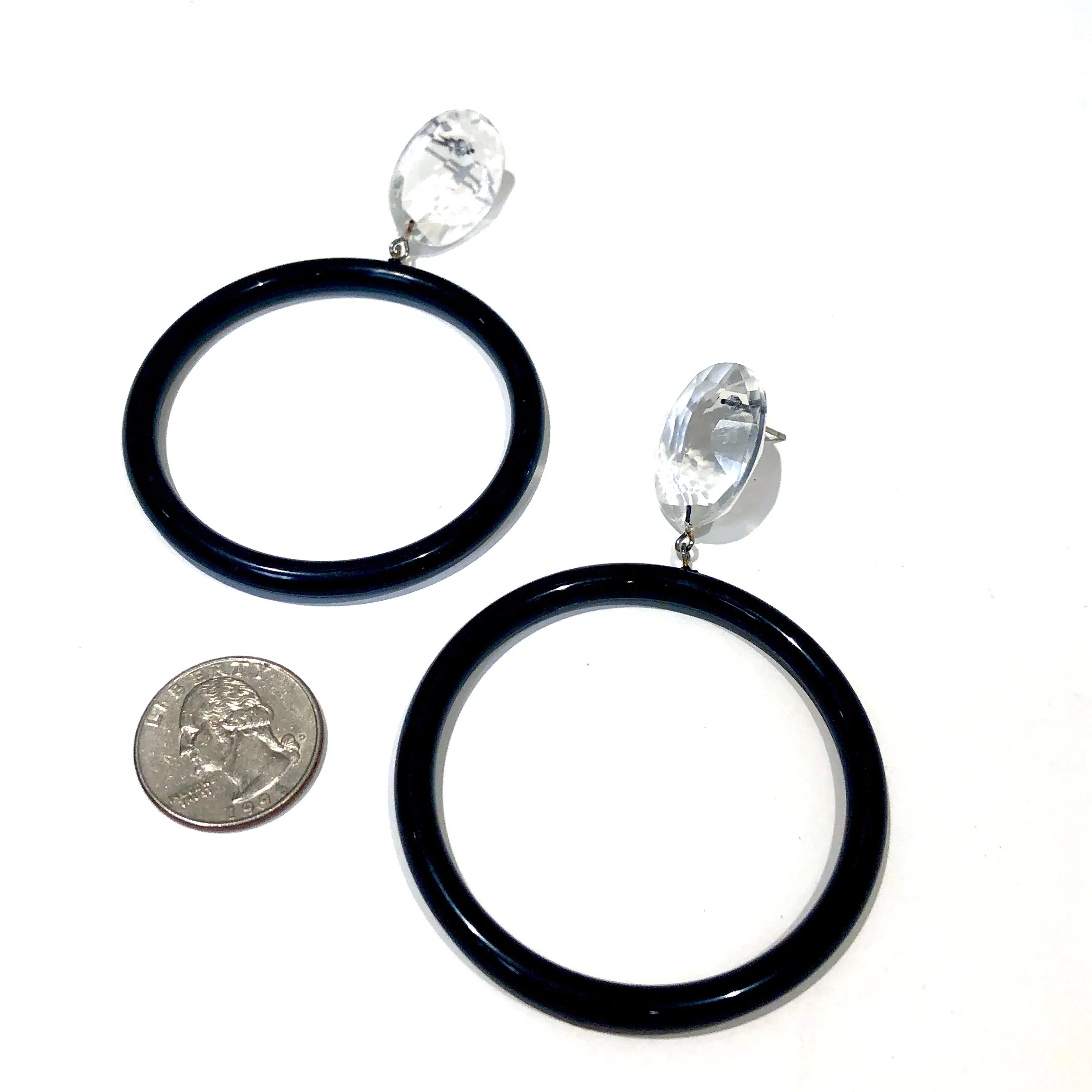 Faceted Clear & Black Large Donut Drop Earrings