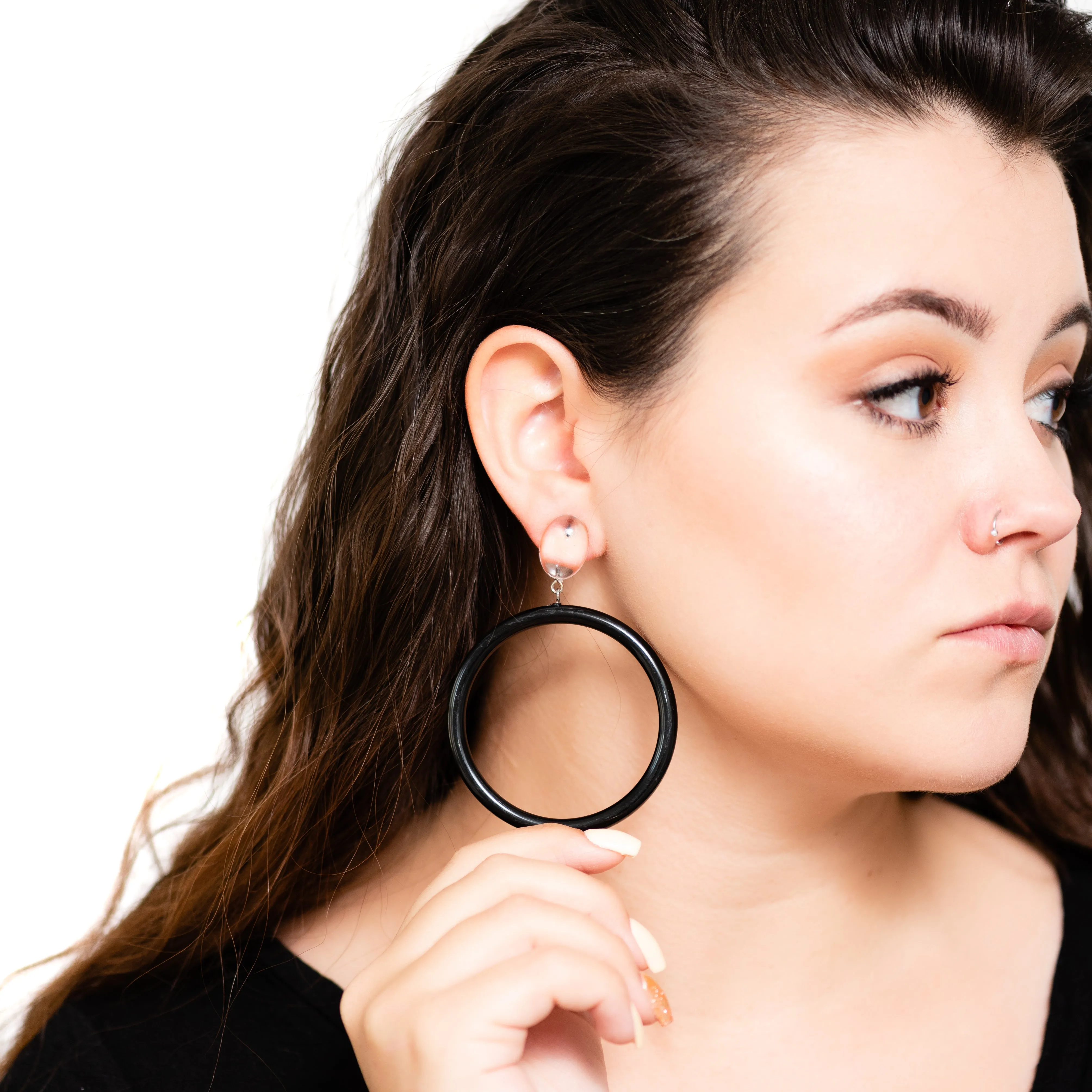 Faceted Clear & Black Large Donut Drop Earrings