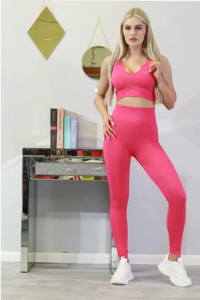 Fuchsia Ribbed Low Neck Crop Top & Legging Set