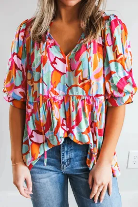 Gabby Printed Tie Neck Half Sleeve Blouse -Ships 7/10