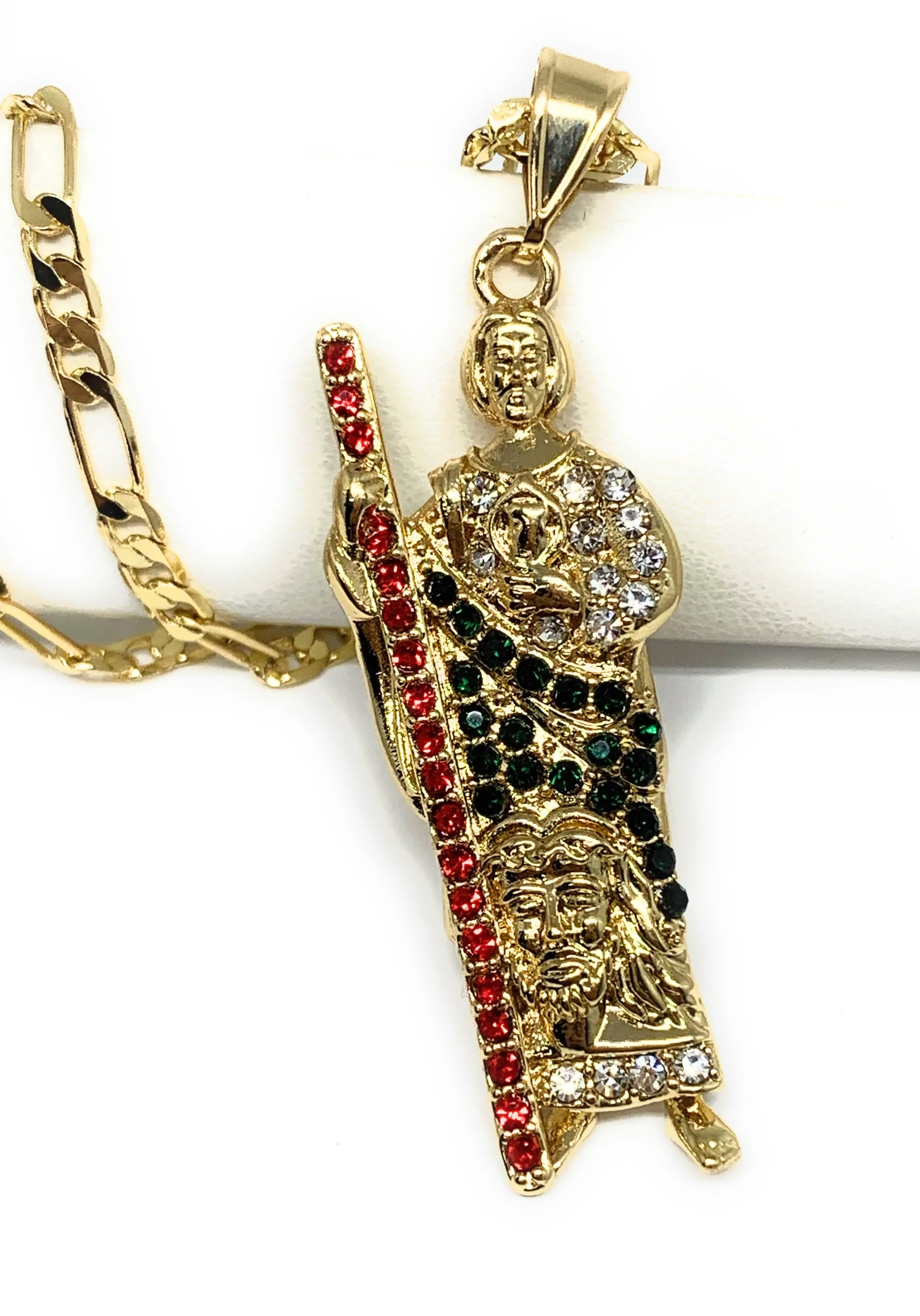 Gold Plated Saint Jude Pendant Red , White & Green CZ Necklace Figaro San Judas Tadeo Medalla 24 Figaro