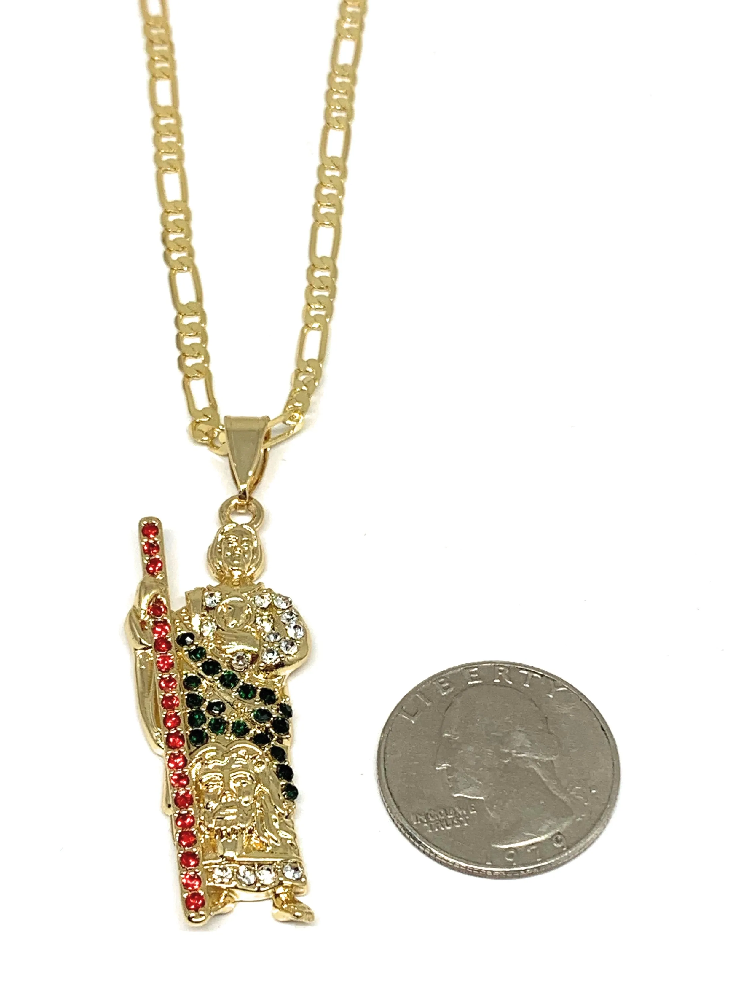 Gold Plated Saint Jude Pendant Red , White & Green CZ Necklace Figaro San Judas Tadeo Medalla 24 Figaro