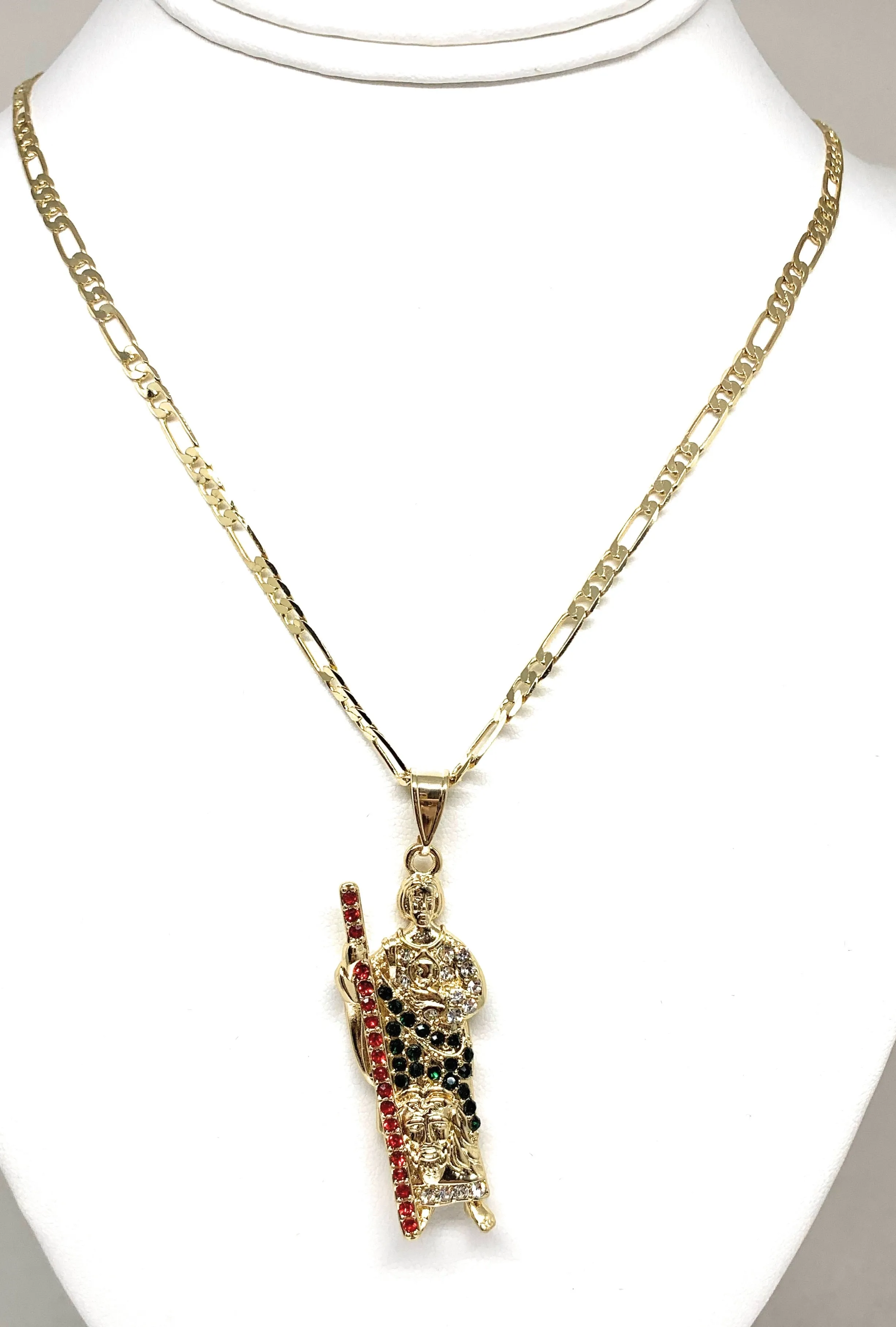 Gold Plated Saint Jude Pendant Red , White & Green CZ Necklace Figaro San Judas Tadeo Medalla 24 Figaro