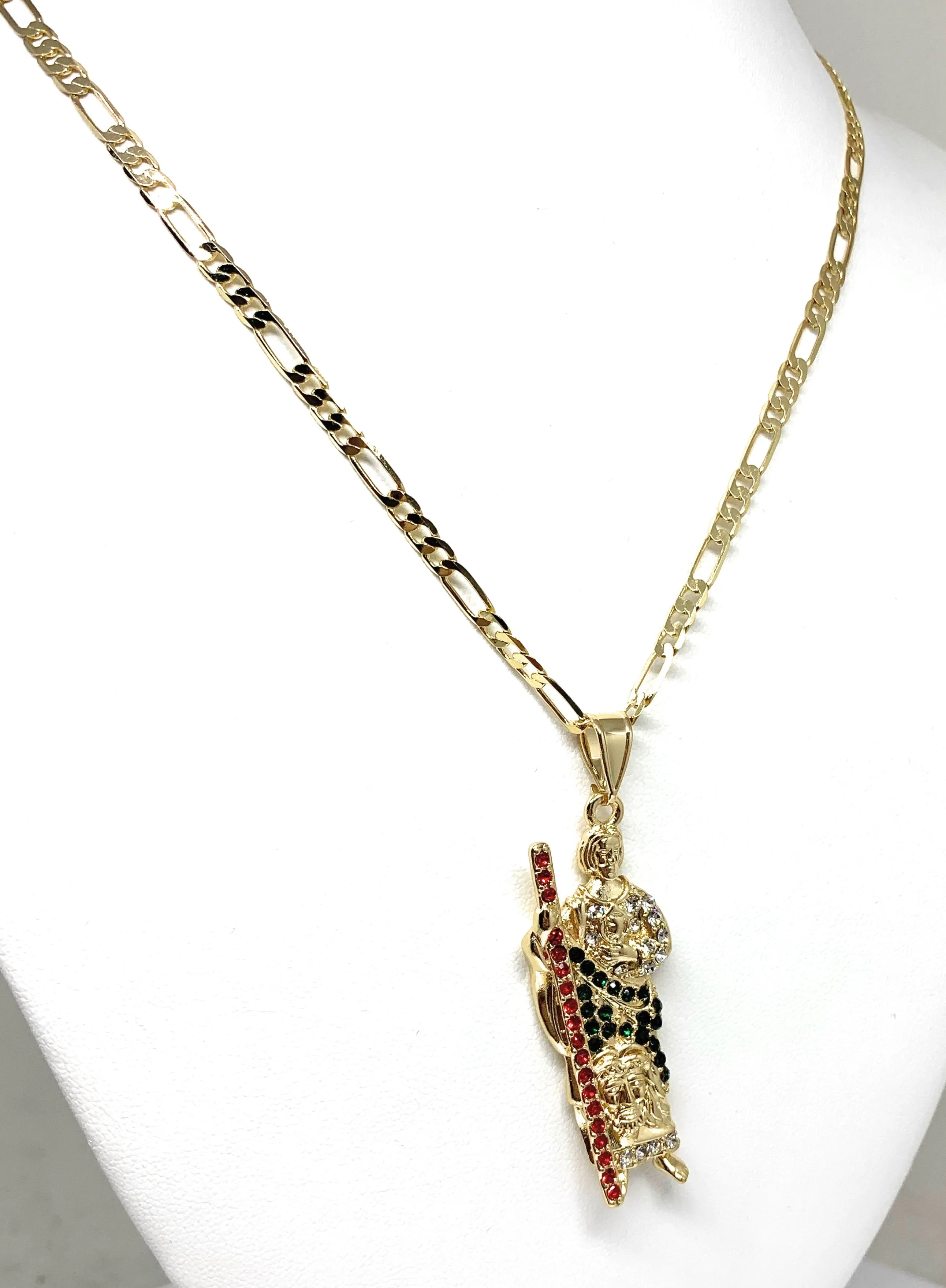 Gold Plated Saint Jude Pendant Red , White & Green CZ Necklace Figaro San Judas Tadeo Medalla 24 Figaro