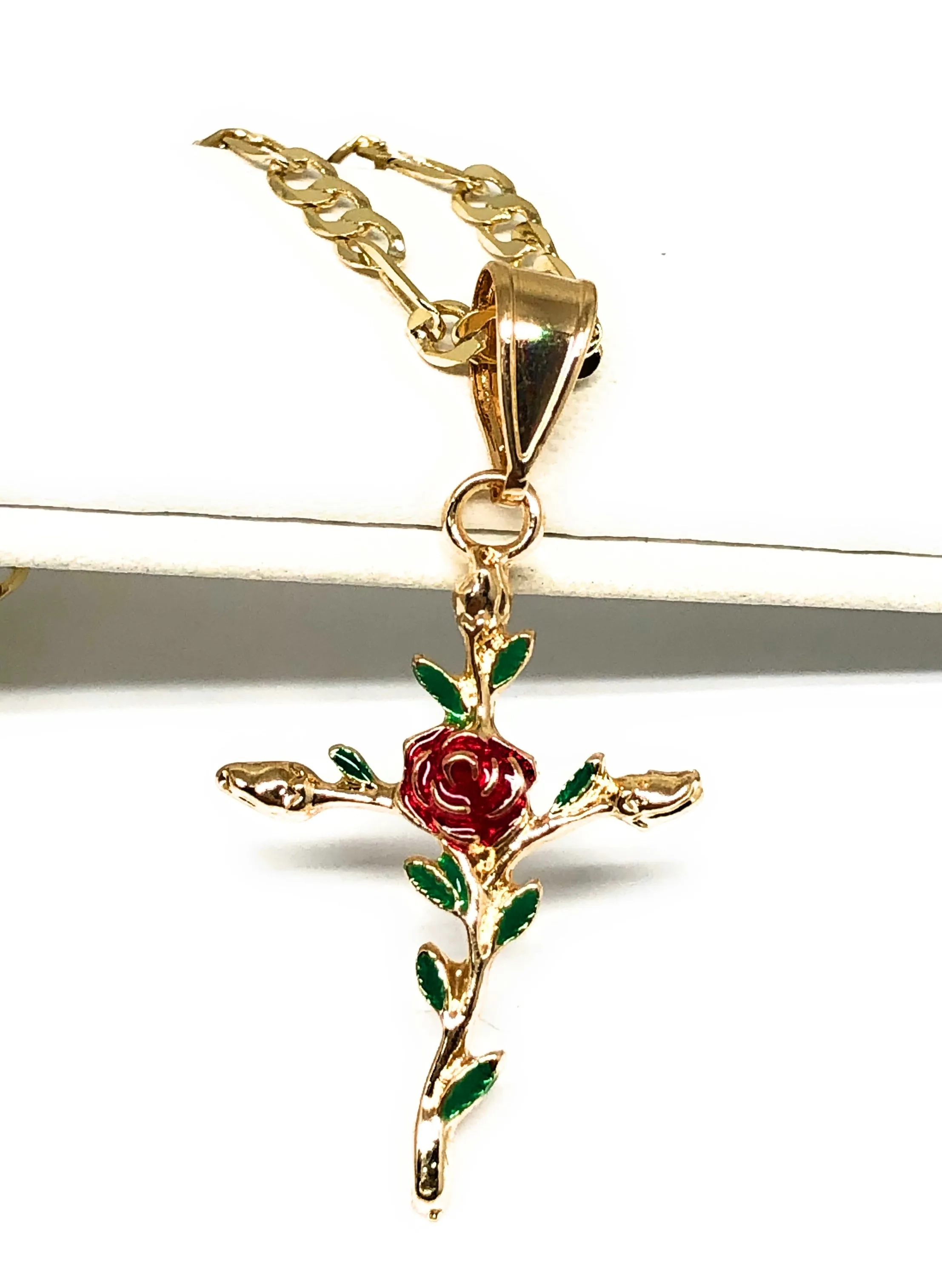 Gold Plated Tri-Color Red Cross Crucifix 24 Chain Cruz Crucifijo