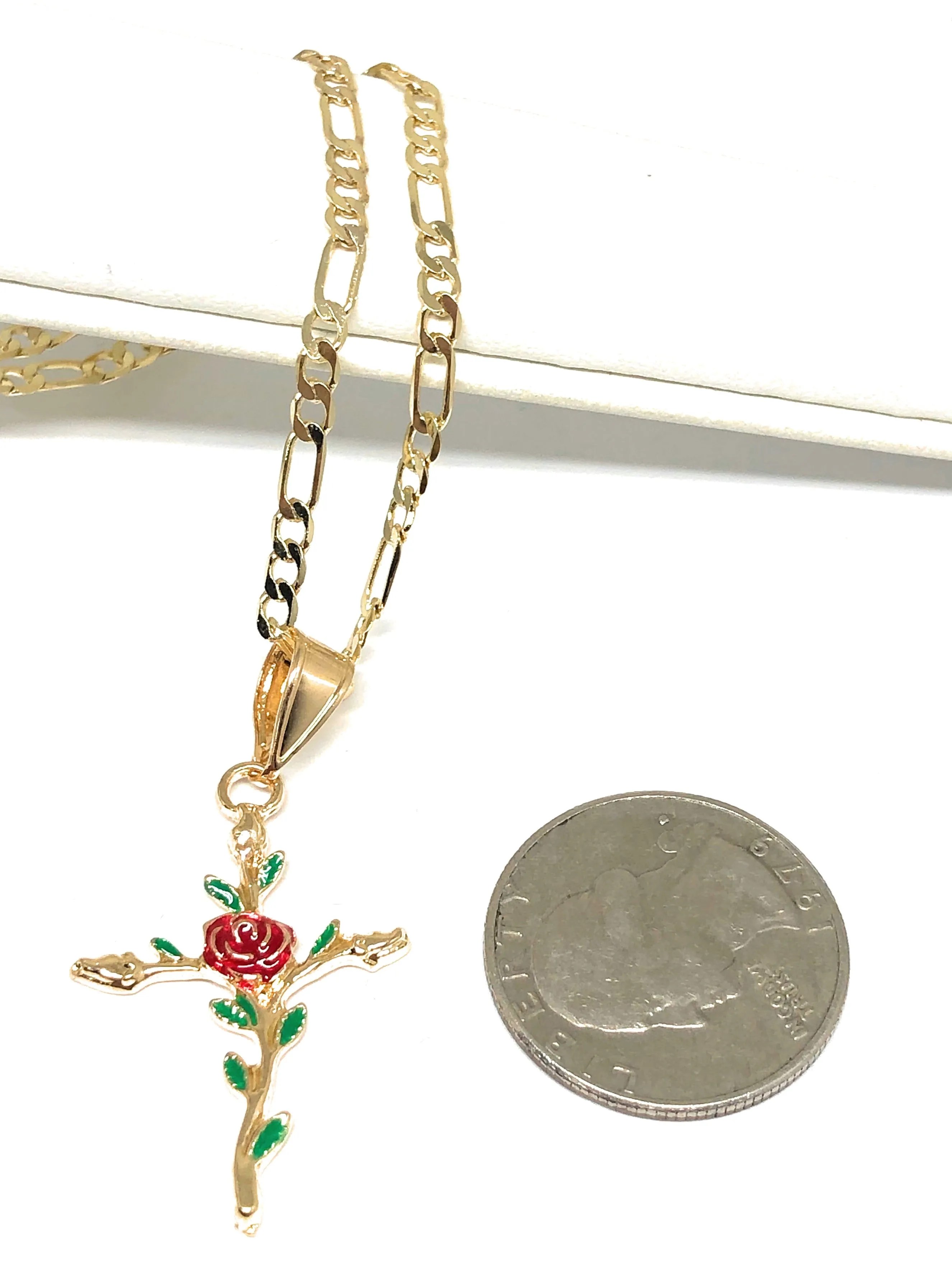 Gold Plated Tri-Color Red Cross Crucifix 24 Chain Cruz Crucifijo