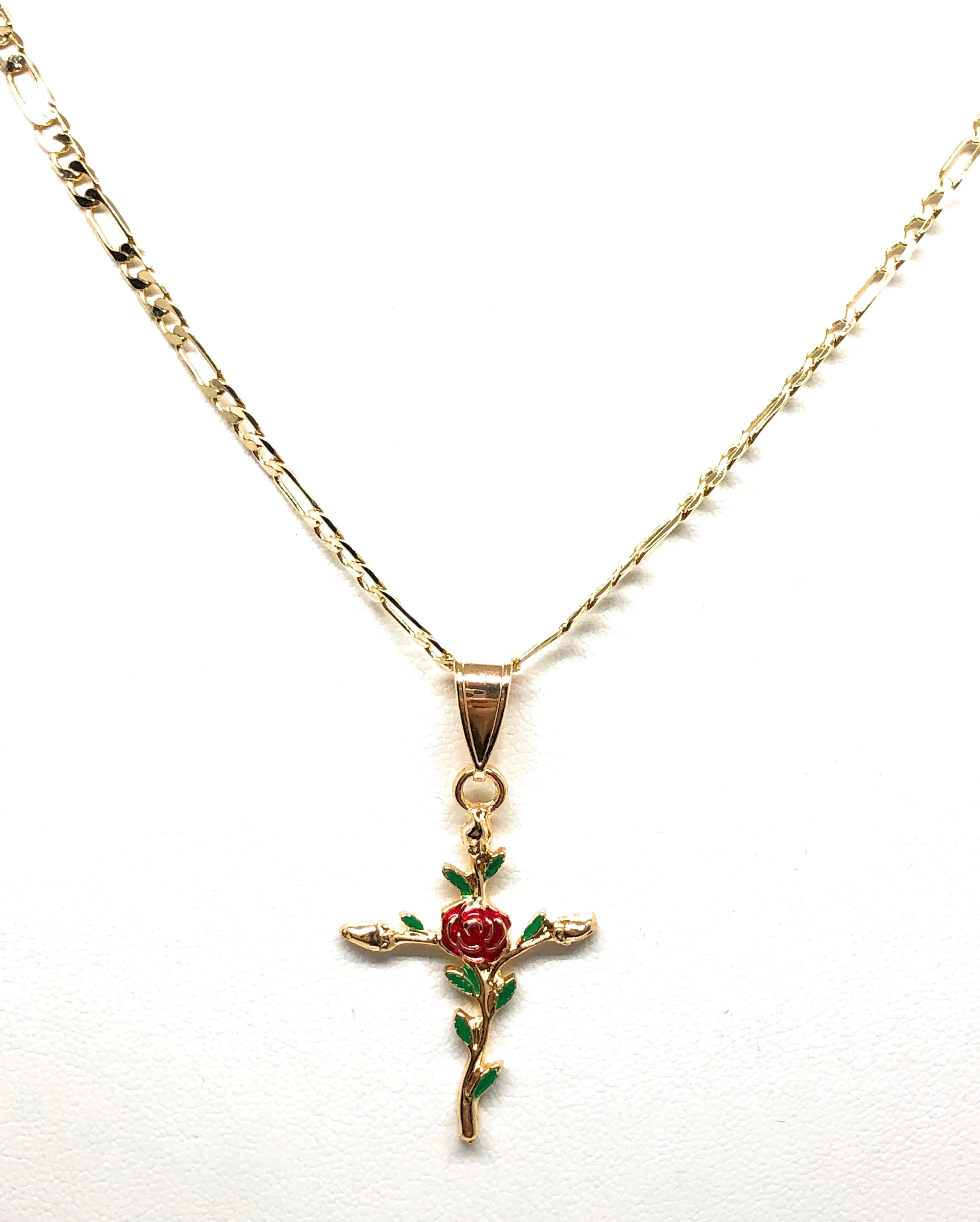 Gold Plated Tri-Color Red Cross Crucifix 24 Chain Cruz Crucifijo