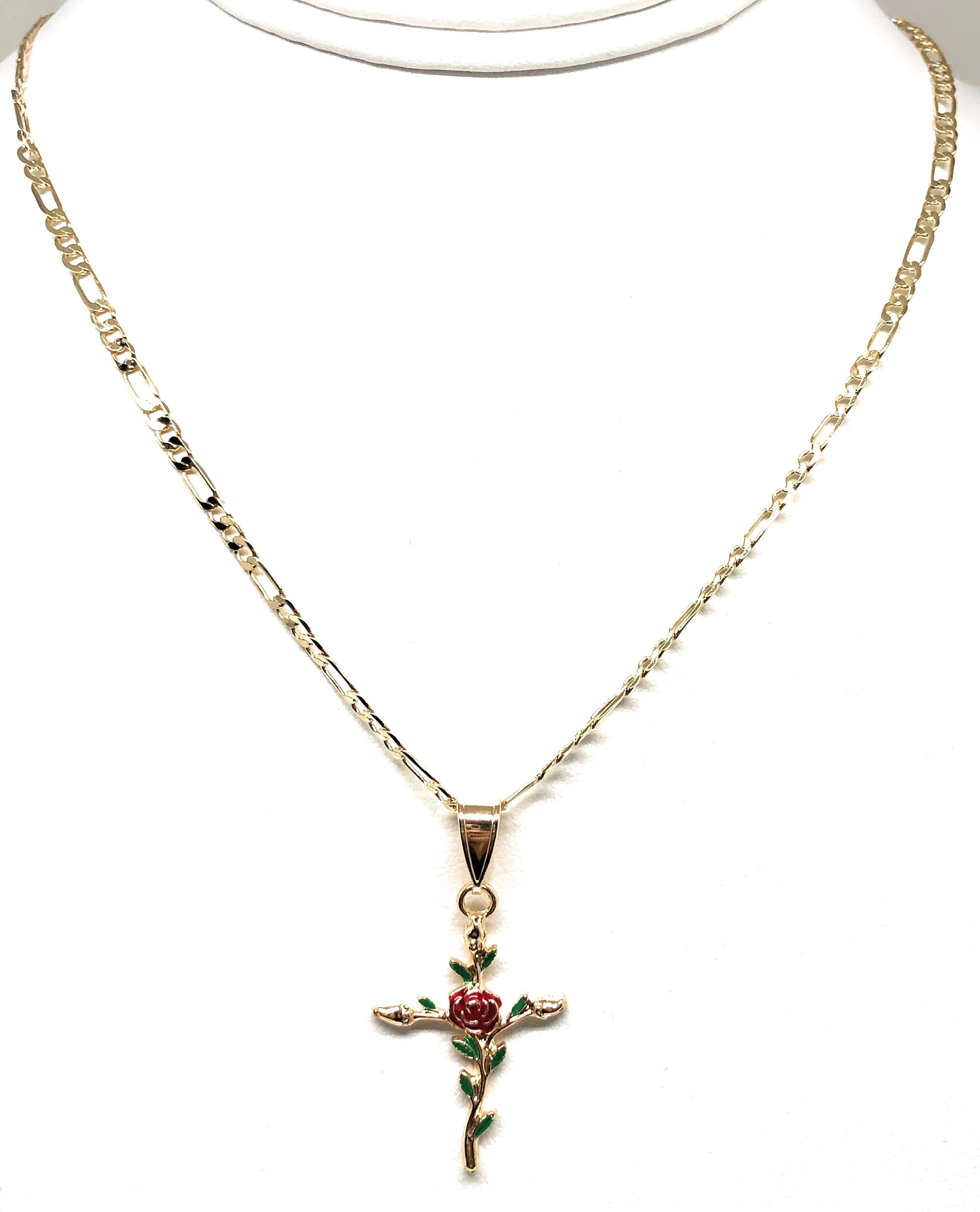 Gold Plated Tri-Color Red Cross Crucifix 24 Chain Cruz Crucifijo