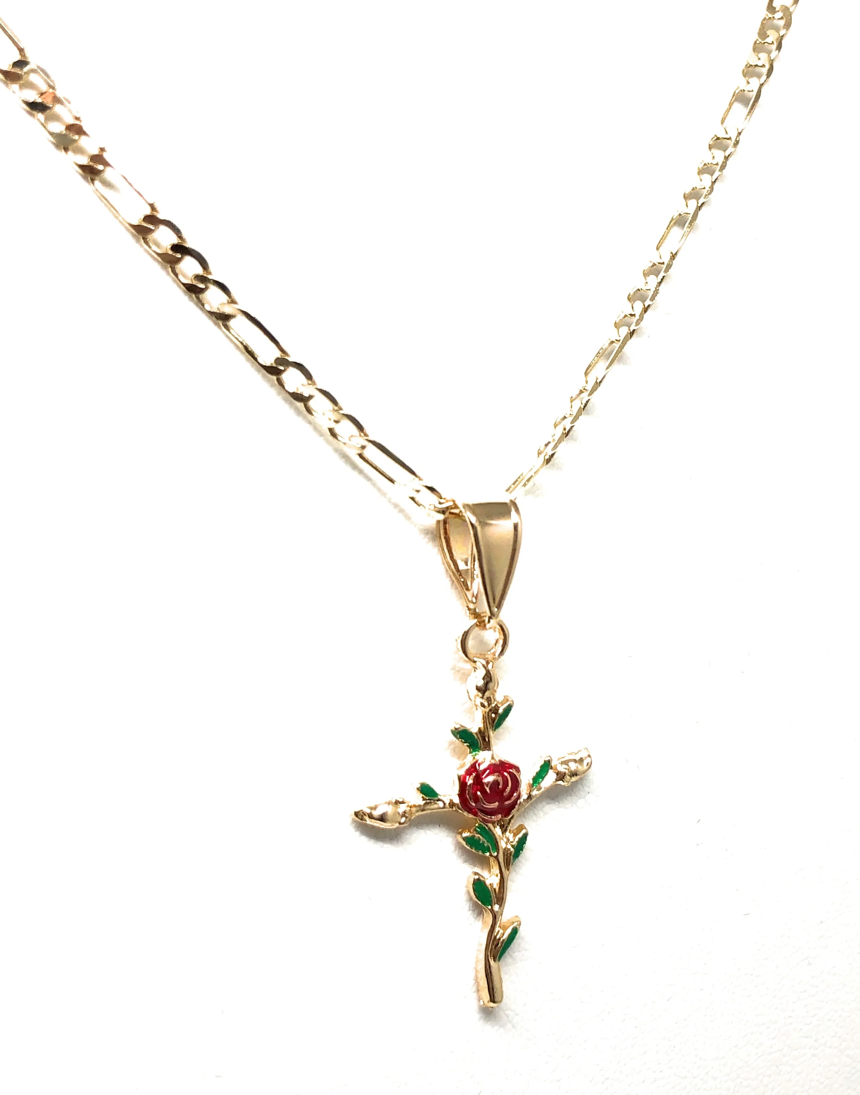 Gold Plated Tri-Color Red Cross Crucifix 24 Chain Cruz Crucifijo