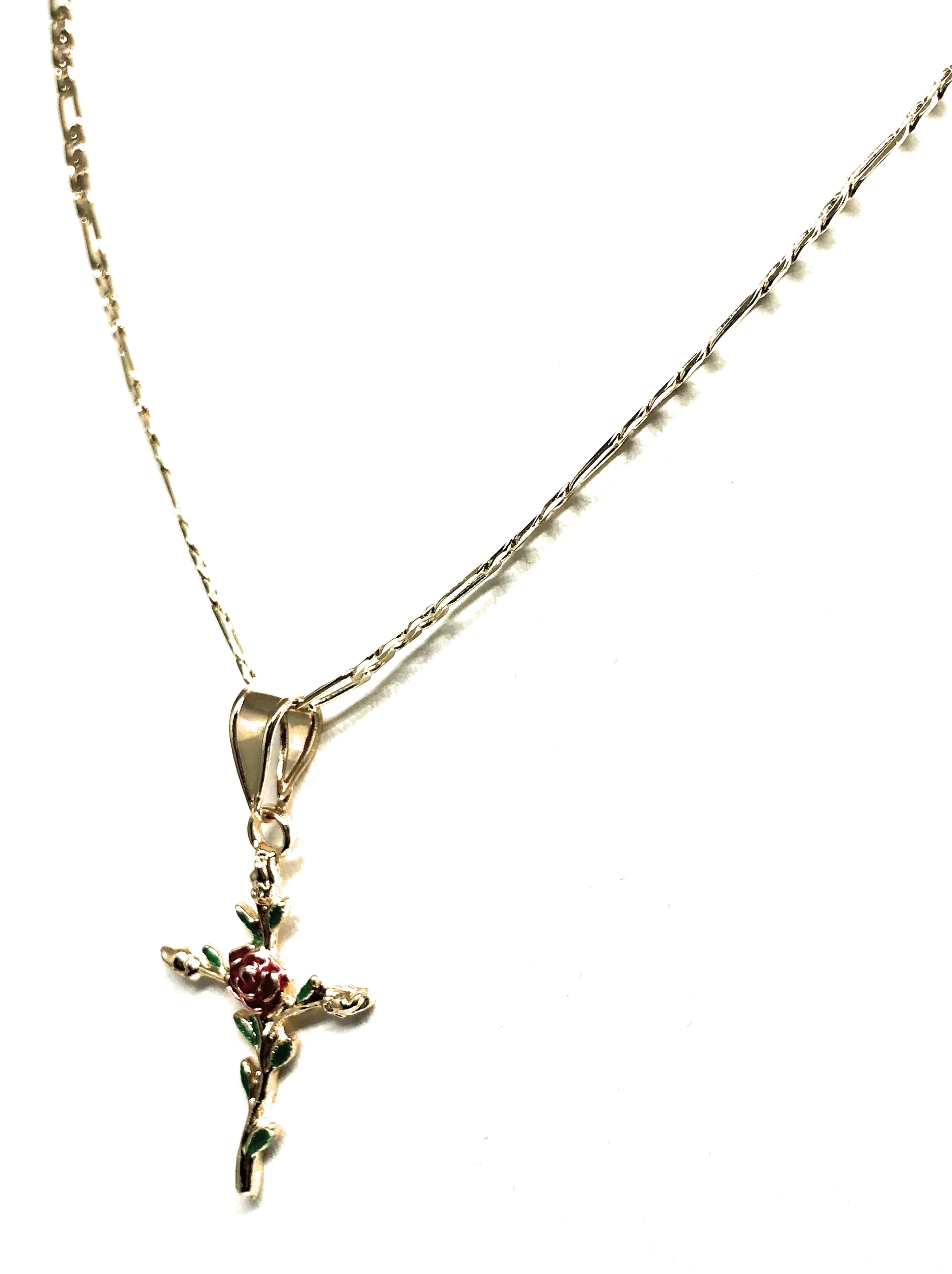 Gold Plated Tri-Color Red Cross Crucifix 24 Chain Cruz Crucifijo