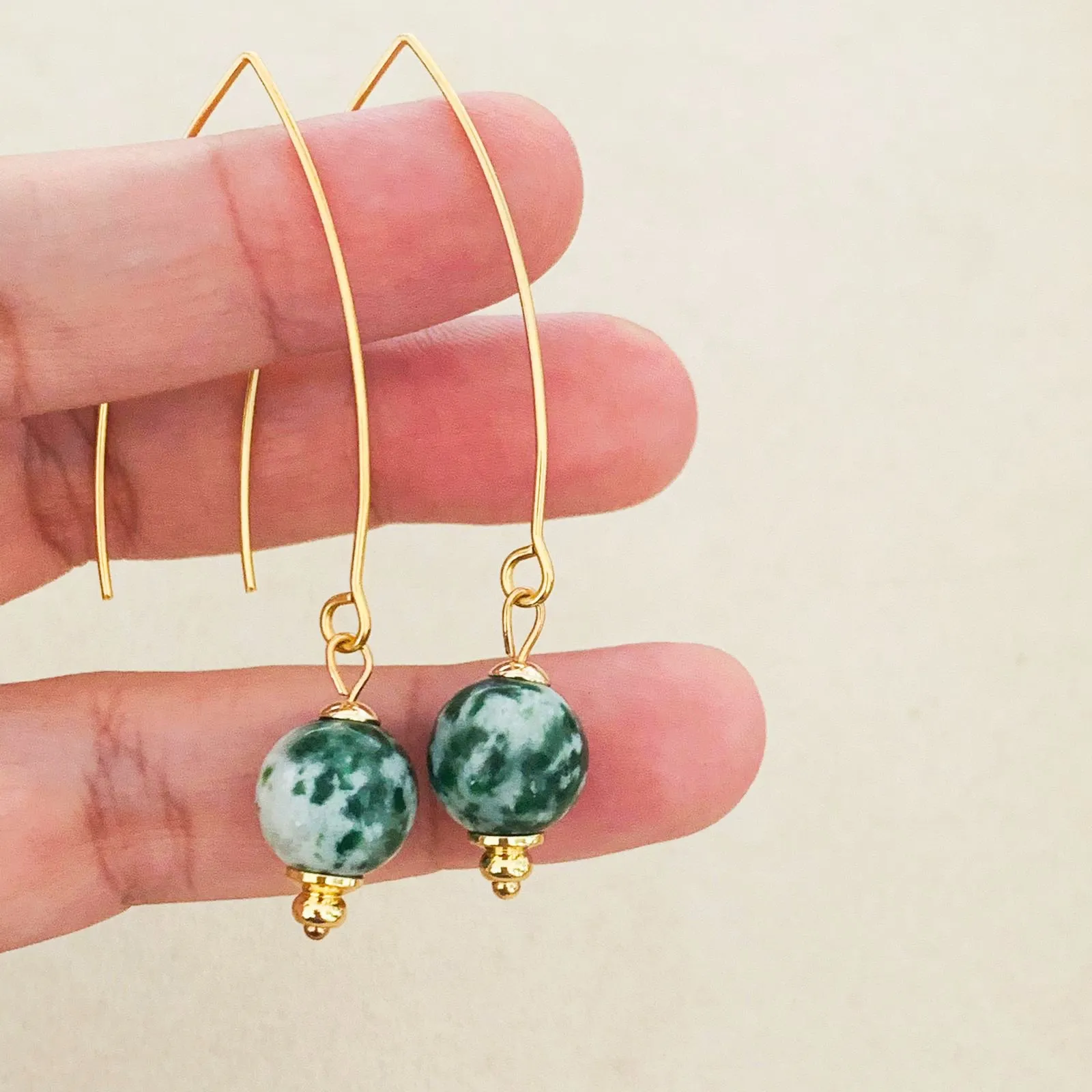 Green Dot Jade Dangly Earrings