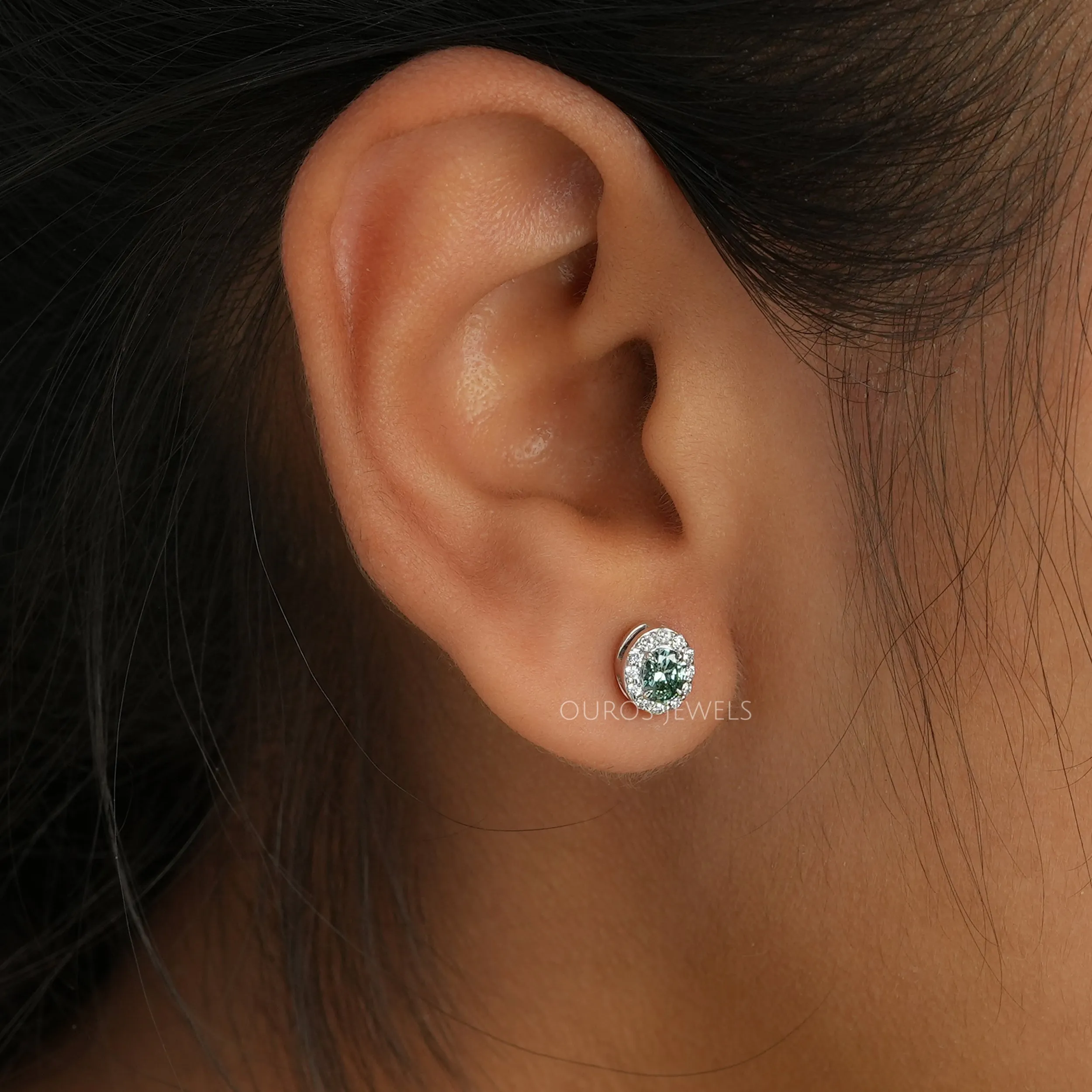 Green Oval Cut Halo Stud Earrings