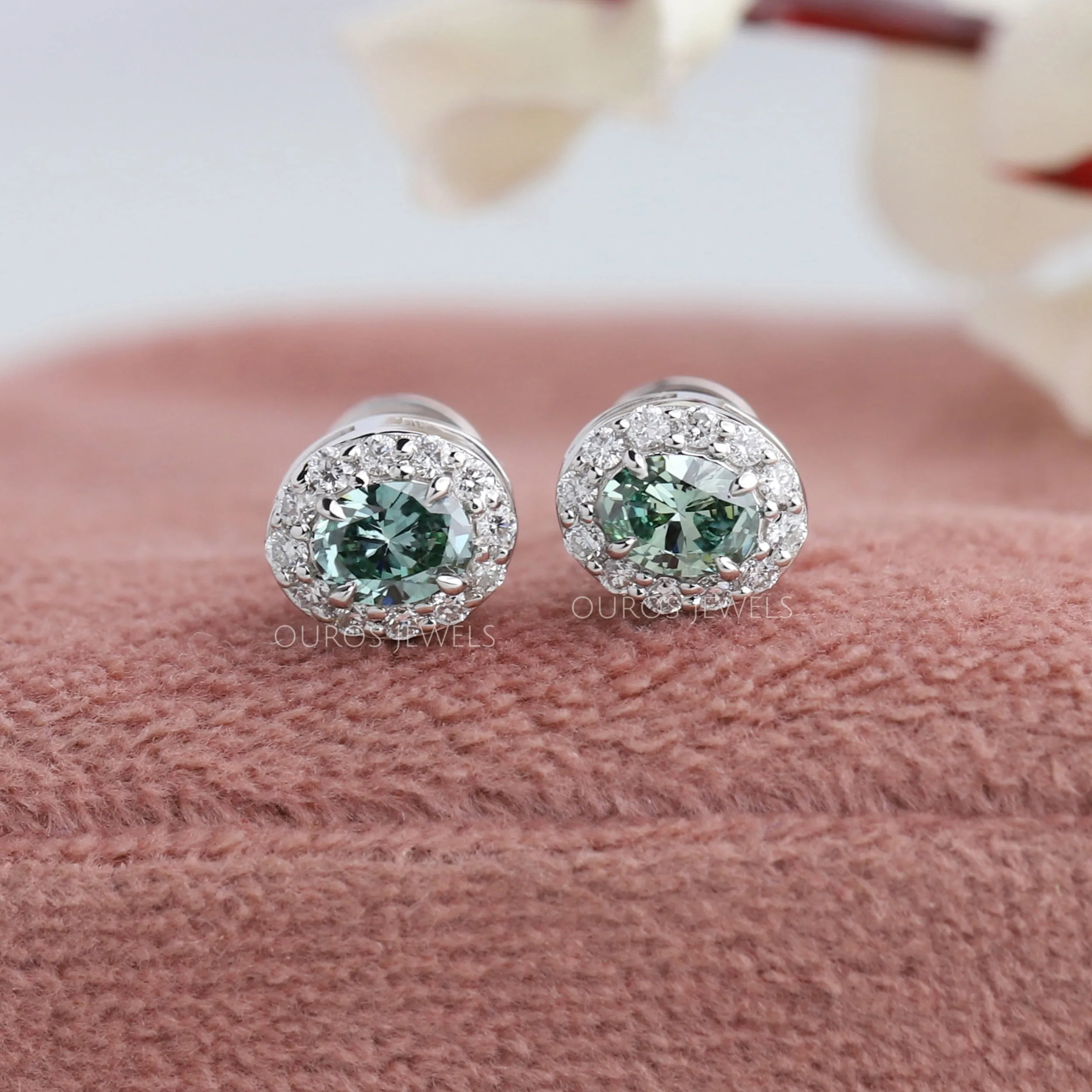 Green Oval Cut Halo Stud Earrings