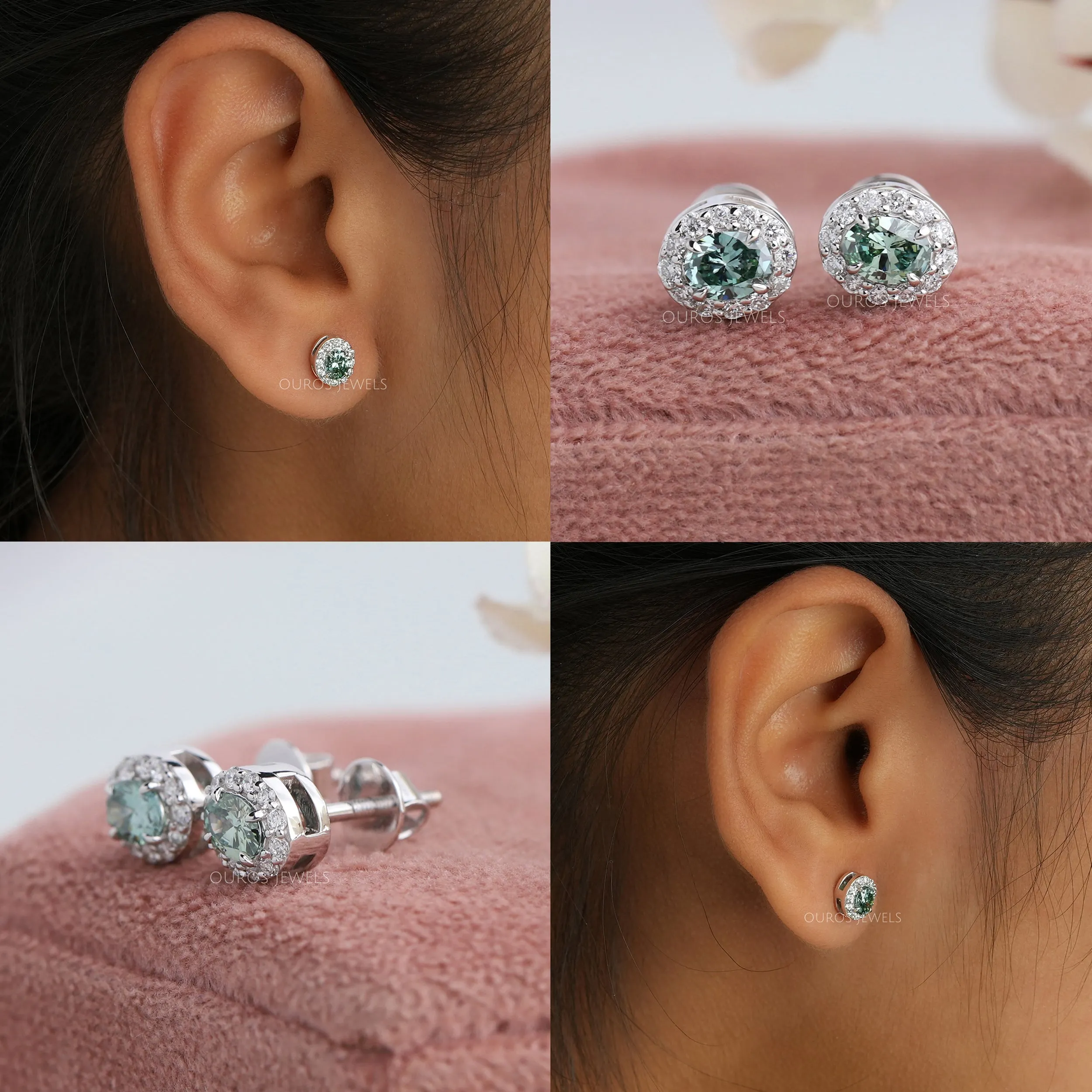 Green Oval Cut Halo Stud Earrings