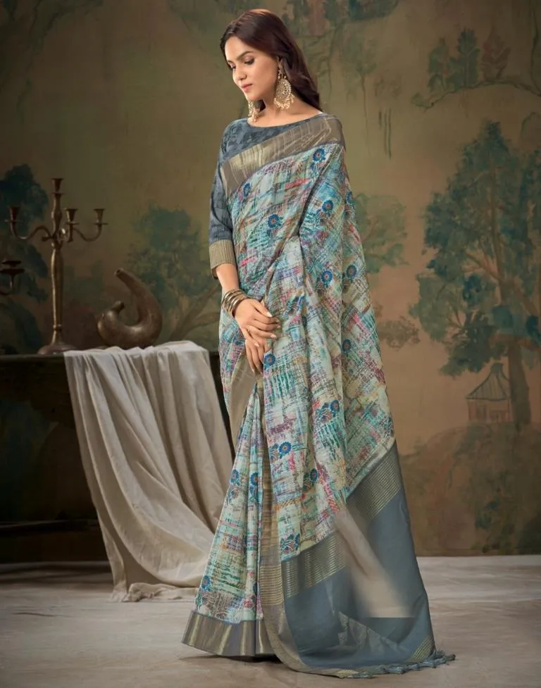 Grey Printed Silk Saree