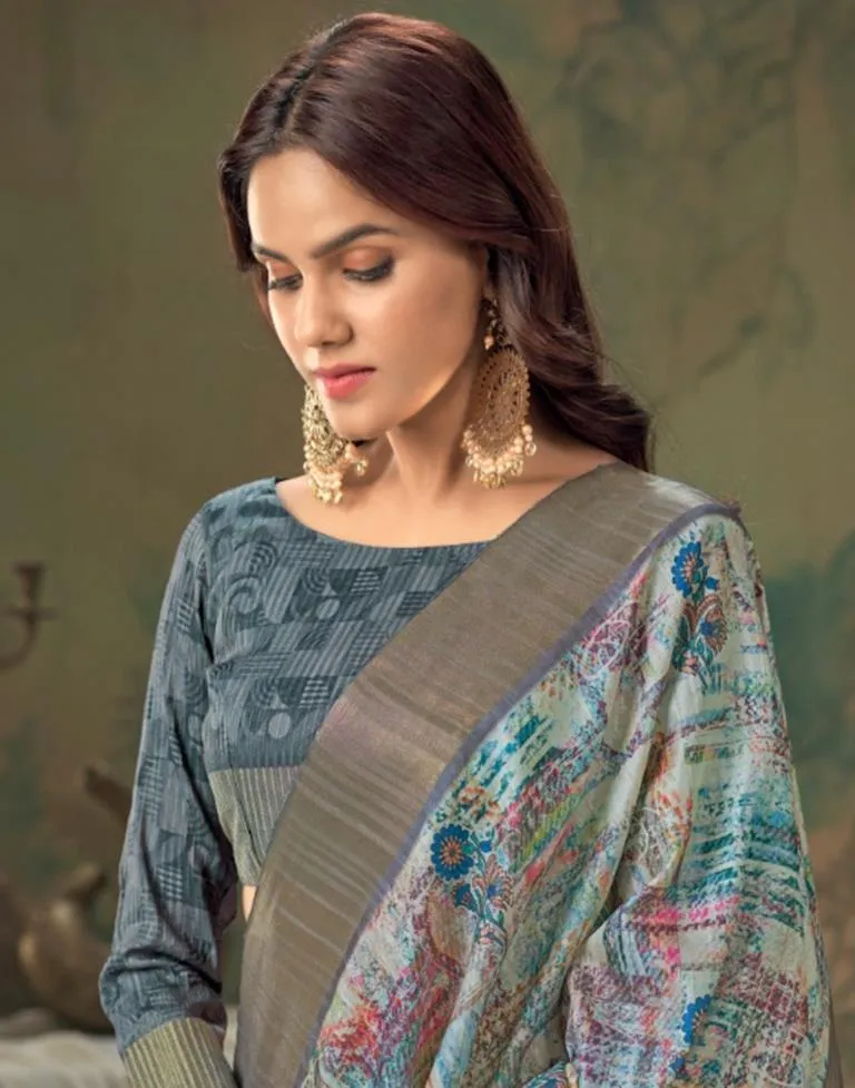 Grey Printed Silk Saree