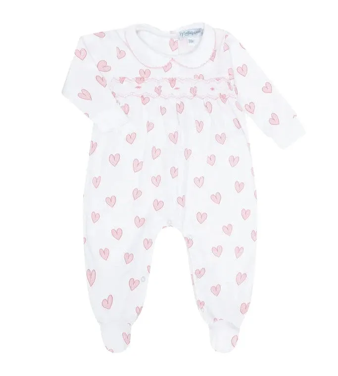 Heart Print Smocked Footie - Pink