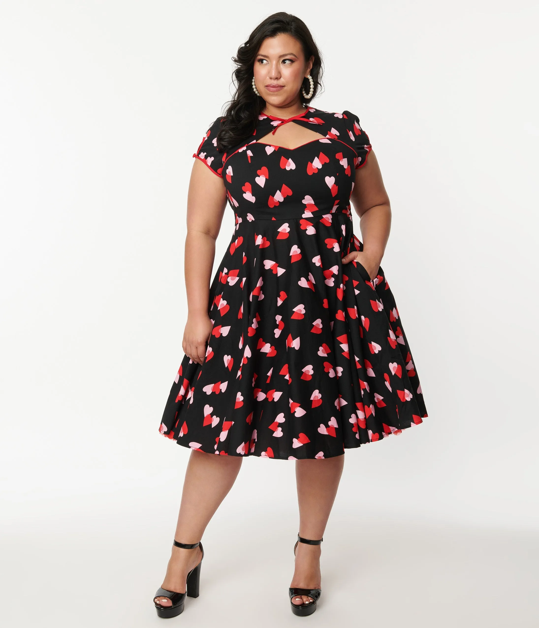 Hell Bunny Plus Size Pink & Red Heart Confetti Swing Dress