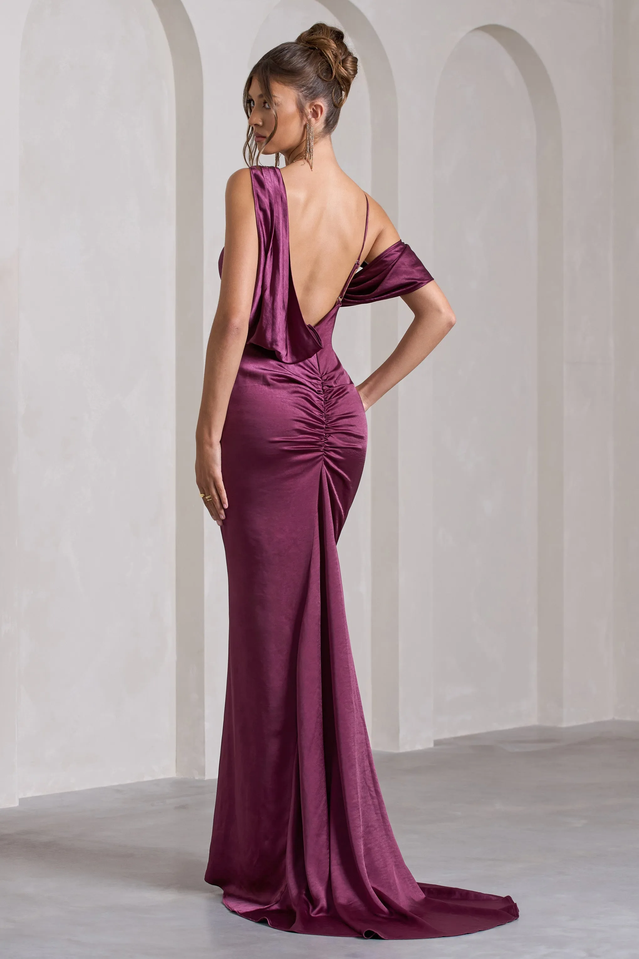 Jayne | Plum Satin Asymmetric Draped Split Maxi Dress