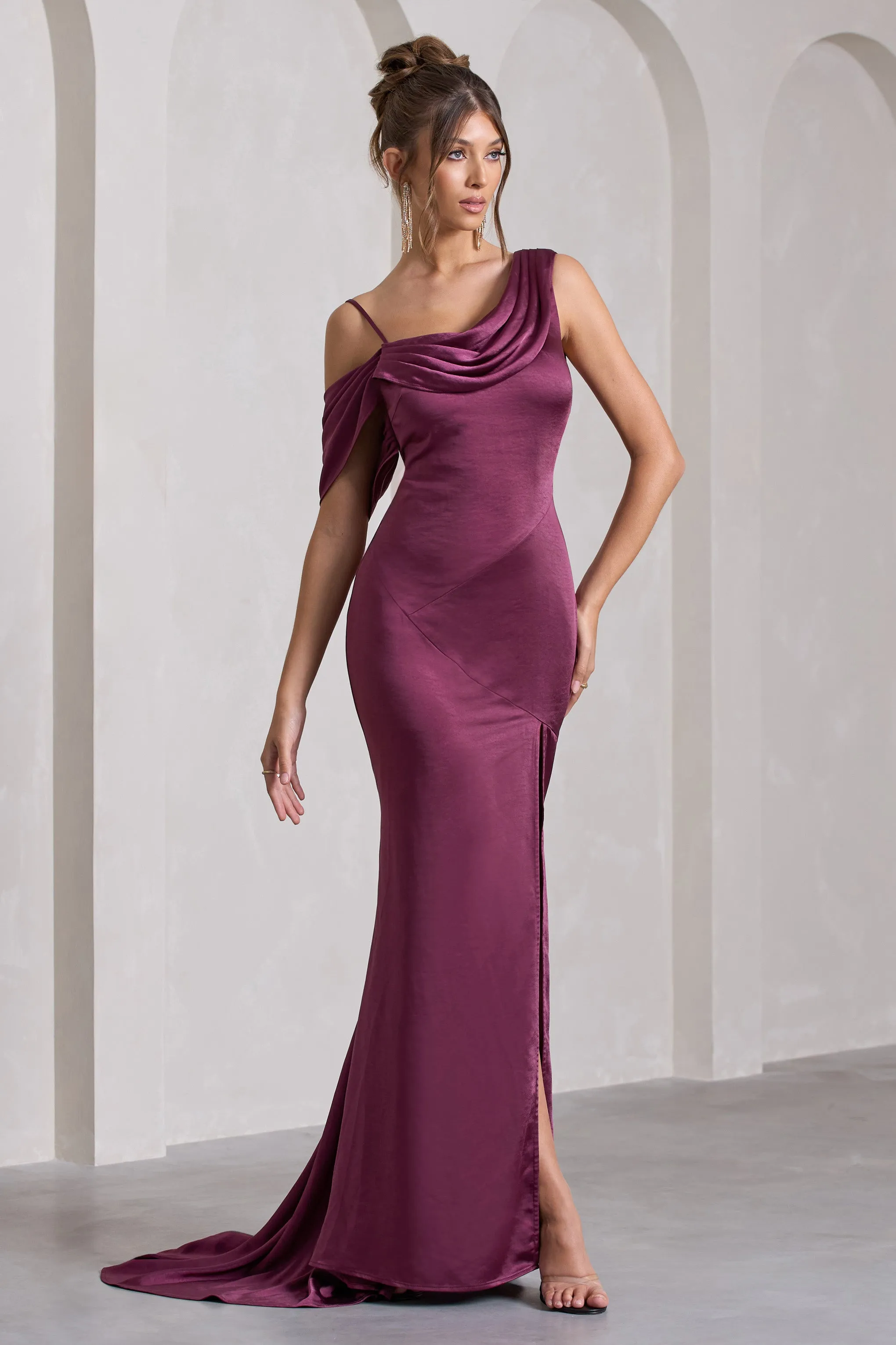 Jayne | Plum Satin Asymmetric Draped Split Maxi Dress