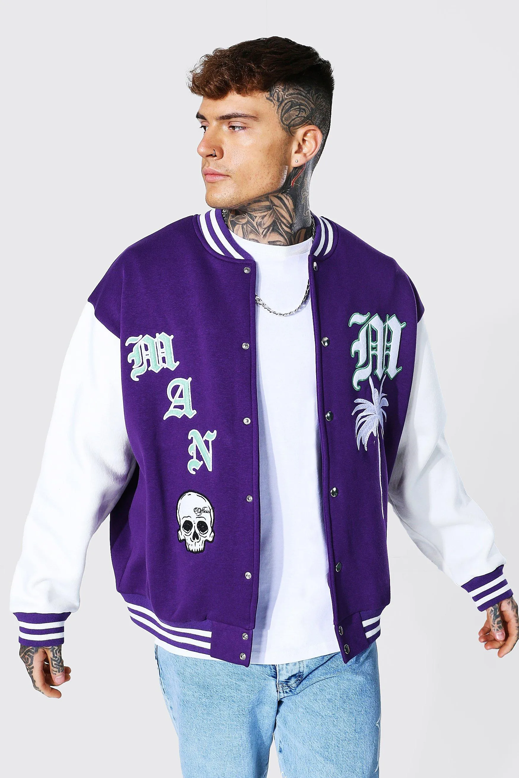 Jersey Varsity Bomber Jacket With Skull Badge