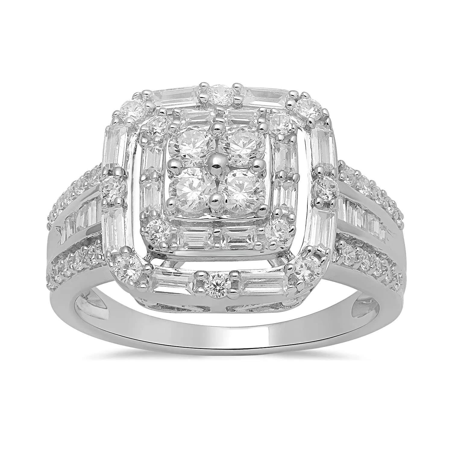 Jewelili 10K White Gold With 1.0 CTTW Baguette and Round Natural White Diamonds Ring