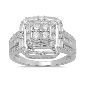 Jewelili 10K White Gold With 1.0 CTTW Baguette and Round Natural White Diamonds Ring