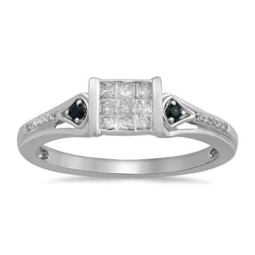 Jewelili 10K White Gold With 1/4 CTTW Princess Cut and Round Natural White Diamonds With 1.5mm Blue Sapphire Ring