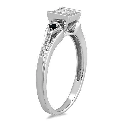 Jewelili 10K White Gold With 1/4 CTTW Princess Cut and Round Natural White Diamonds With 1.5mm Blue Sapphire Ring