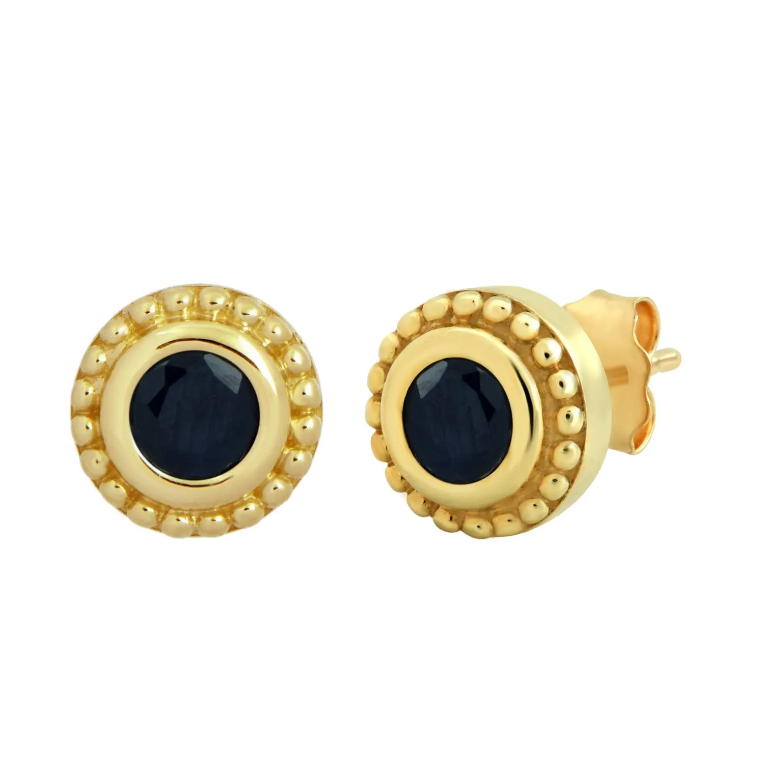 Jewelili 10K Yellow Gold with Natural Round Blue Sapphire Stud Earrings