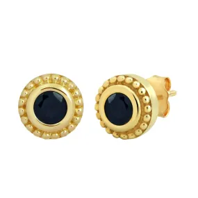 Jewelili 10K Yellow Gold with Natural Round Blue Sapphire Stud Earrings