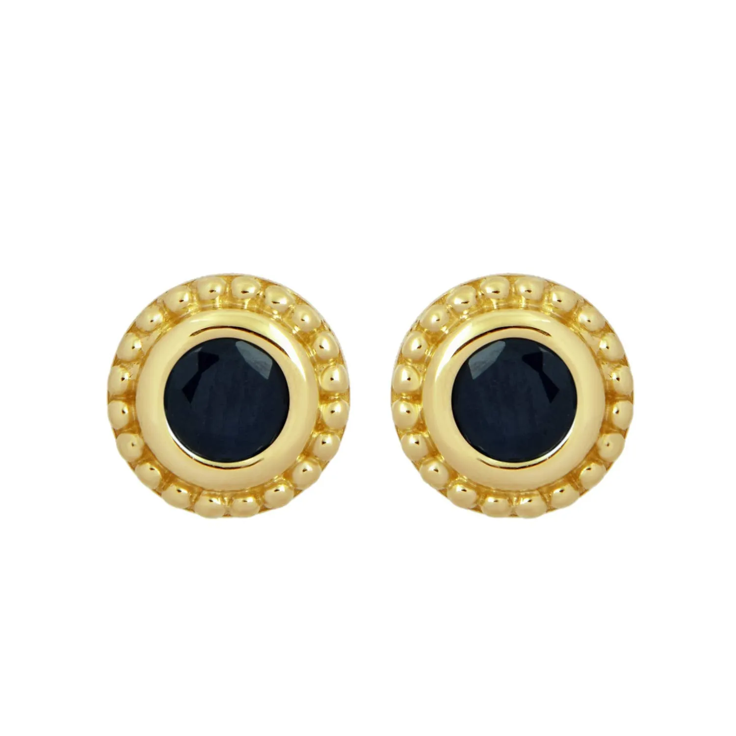 Jewelili 10K Yellow Gold with Natural Round Blue Sapphire Stud Earrings