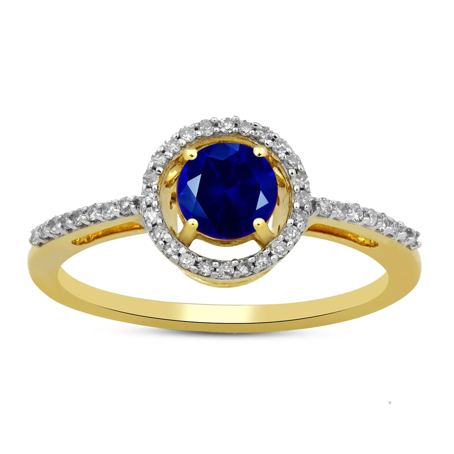 Jewelili 10K Yellow Gold with Round Blue Sapphire and 1/6 CTTW Round Natural White Diamonds Halo Ring