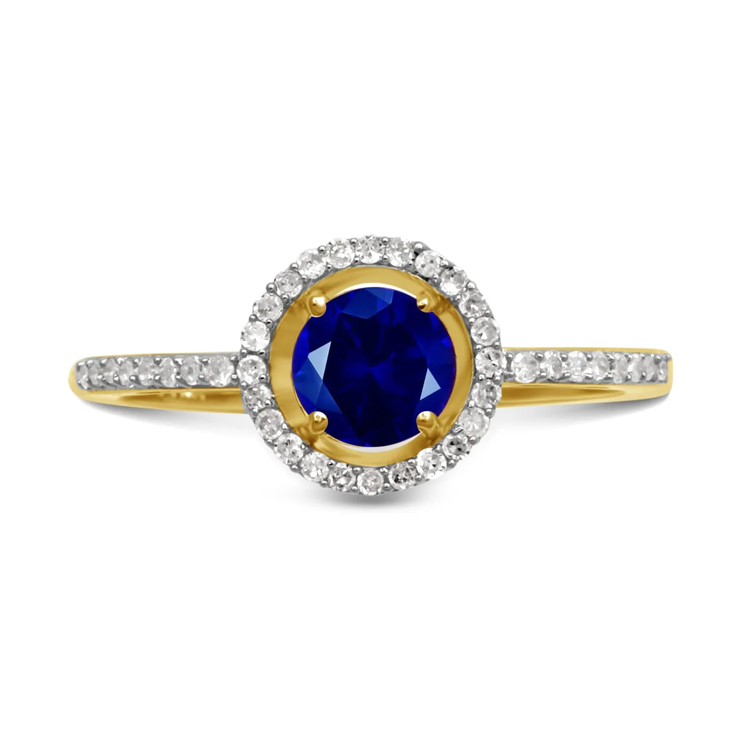 Jewelili 10K Yellow Gold with Round Blue Sapphire and 1/6 CTTW Round Natural White Diamonds Halo Ring