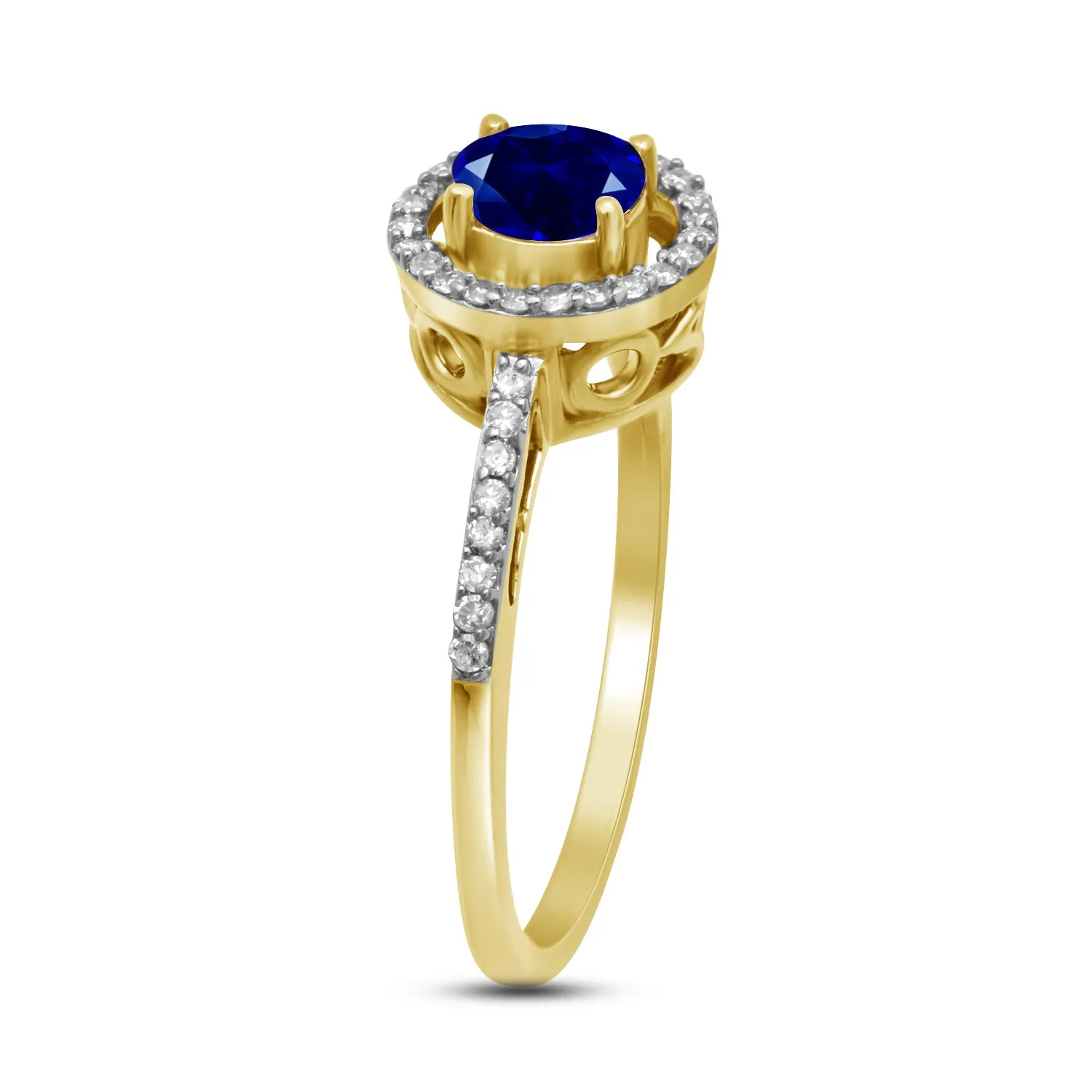 Jewelili 10K Yellow Gold with Round Blue Sapphire and 1/6 CTTW Round Natural White Diamonds Halo Ring