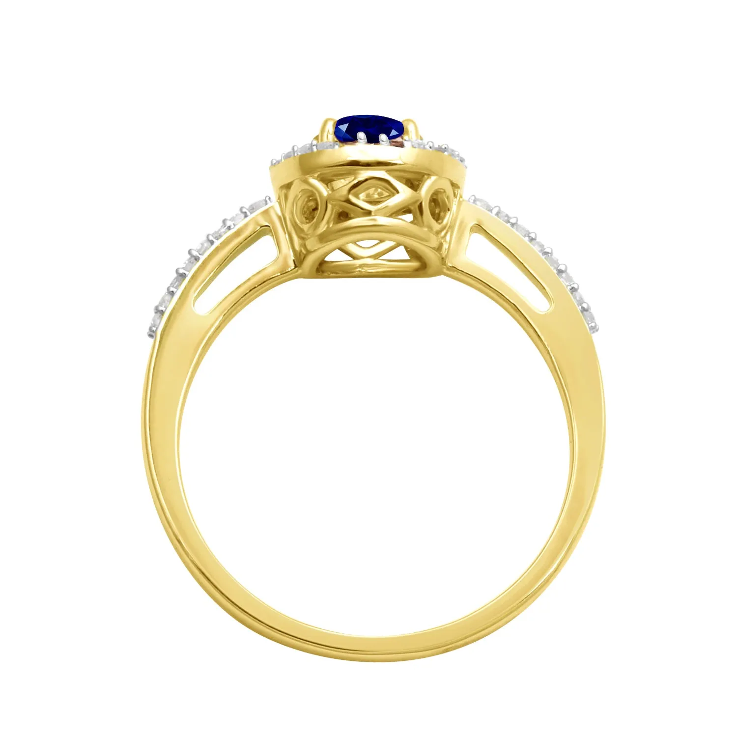 Jewelili 10K Yellow Gold with Round Blue Sapphire and 1/6 CTTW Round Natural White Diamonds Halo Ring