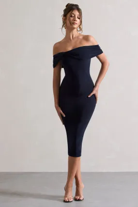 Keely | Navy Bodycon Twisted Bardot Midi Dress