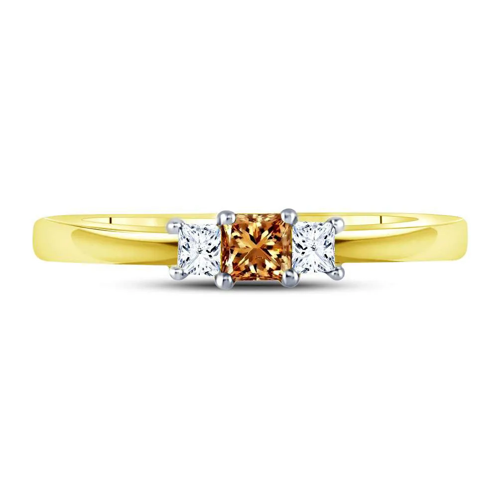 Keene Jewelers 14kt Yellow Gold Princess Brown Diamond 3-stone Bridal Wedding Engagement Ring 1/4 Cttw