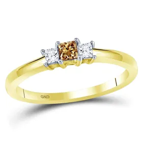 Keene Jewelers 14kt Yellow Gold Princess Brown Diamond 3-stone Bridal Wedding Engagement Ring 1/4 Cttw