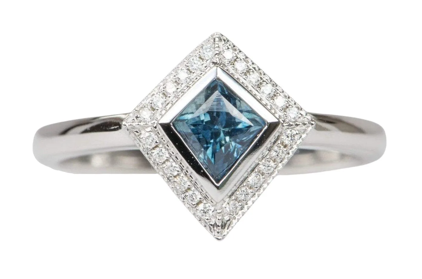 Kite Shape Montana Sapphire with Diamond Halo 14K White Gold Engagement Ring R6069