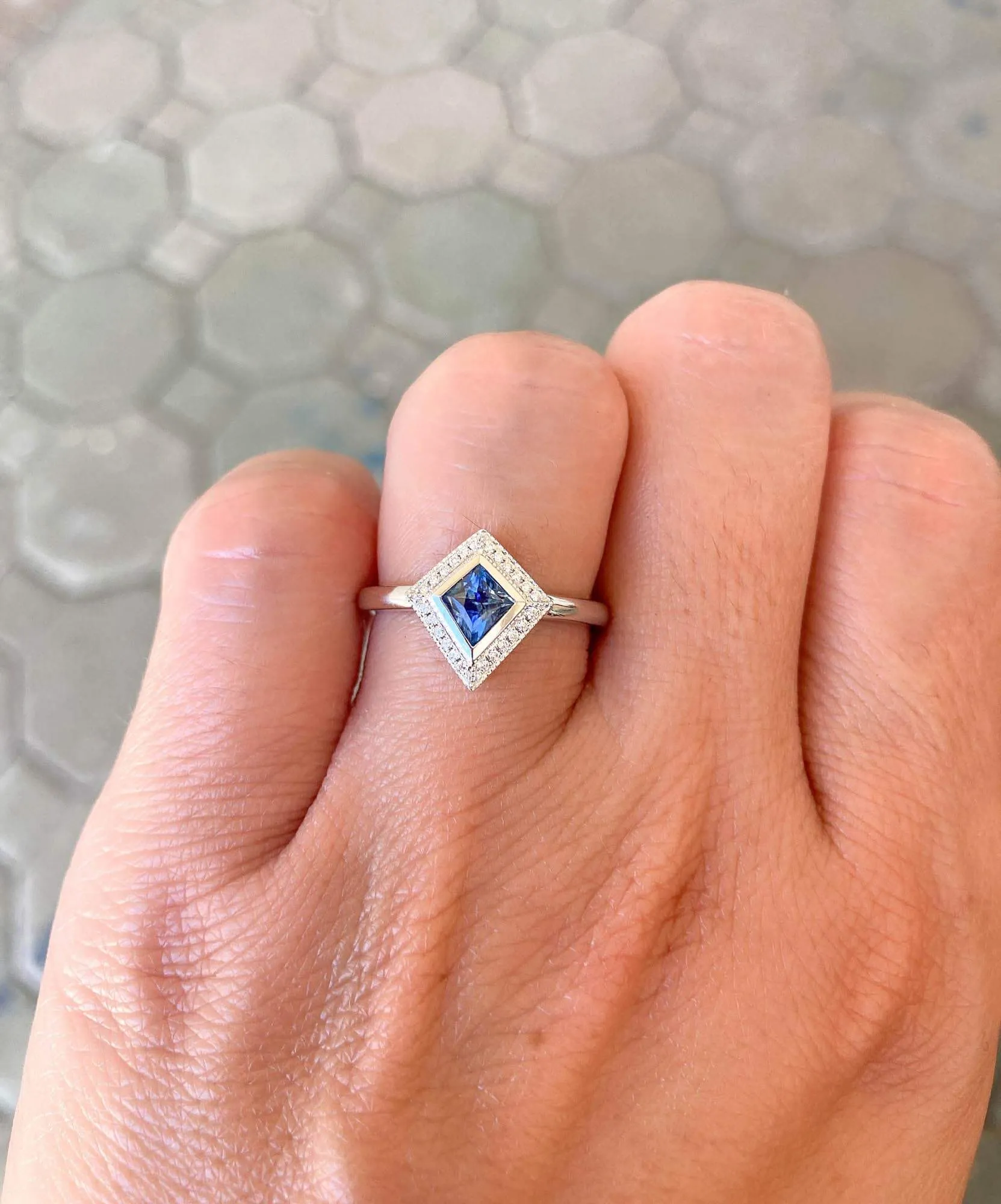 Kite Shape Montana Sapphire with Diamond Halo 14K White Gold Engagement Ring R6069