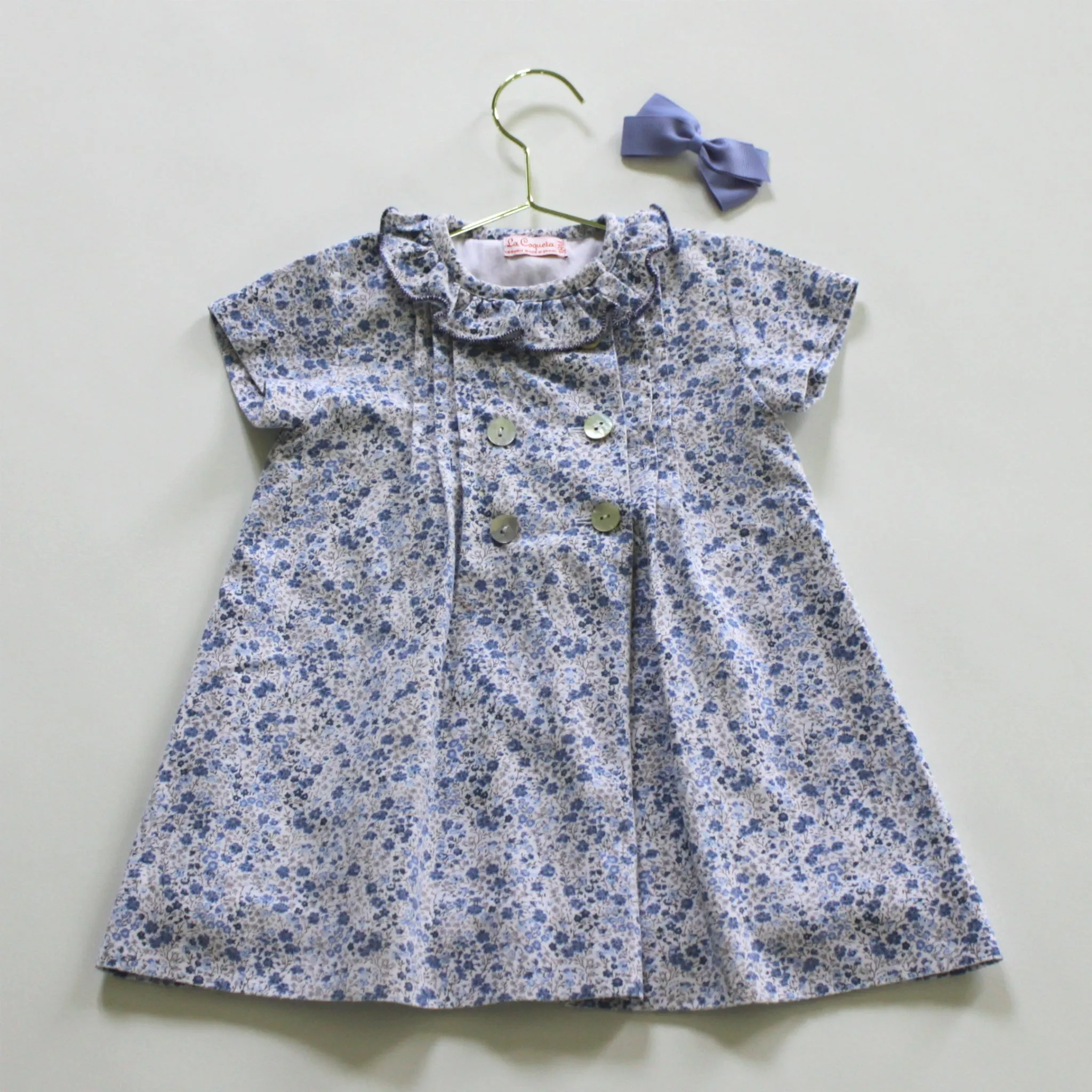 La Coqueta Blue And White Floral Dress with Frill Collar: 18 Months