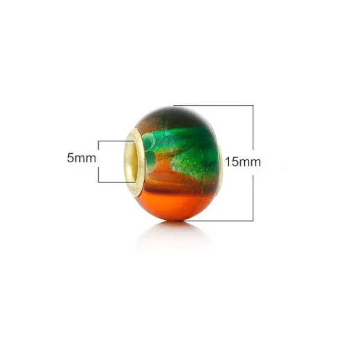 Large Hole Glass Beads, Green, Orange Two-Tone, Gold Plated Core, Rondelle, 15x12mm