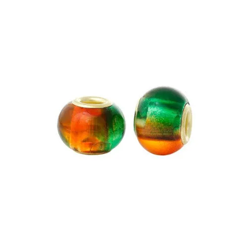 Large Hole Glass Beads, Green, Orange Two-Tone, Gold Plated Core, Rondelle, 15x12mm