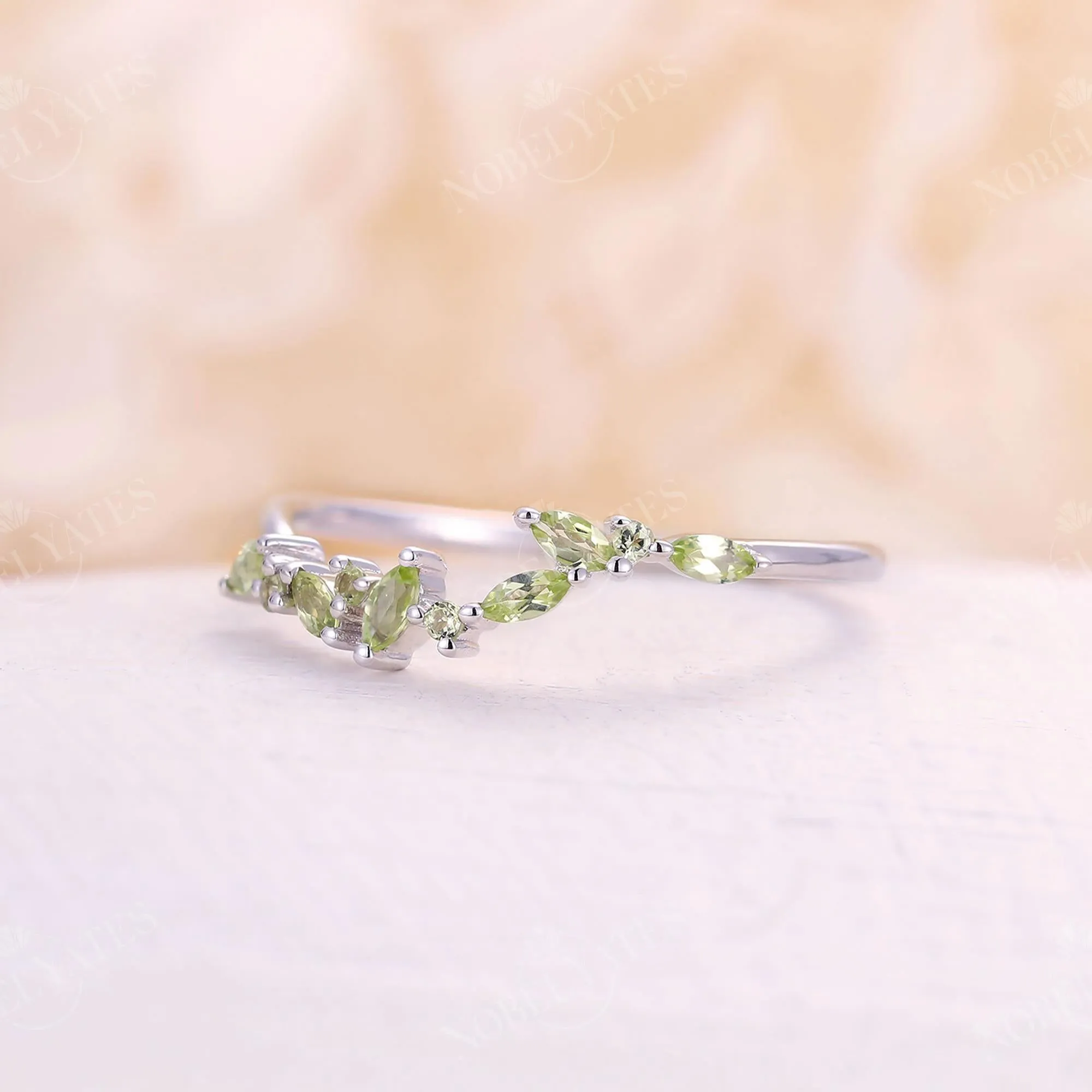 Marquise Peridot Cluster Curved Wedding Band White Gold