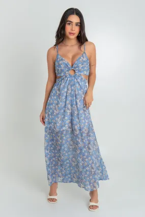 Maxi vestido floral escote v con plisados argolla