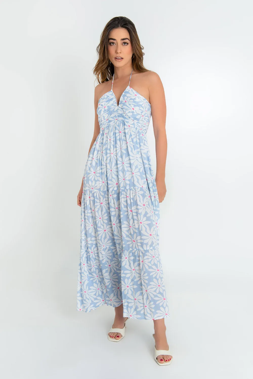 Maxi vestido floral halter escote v con plisados