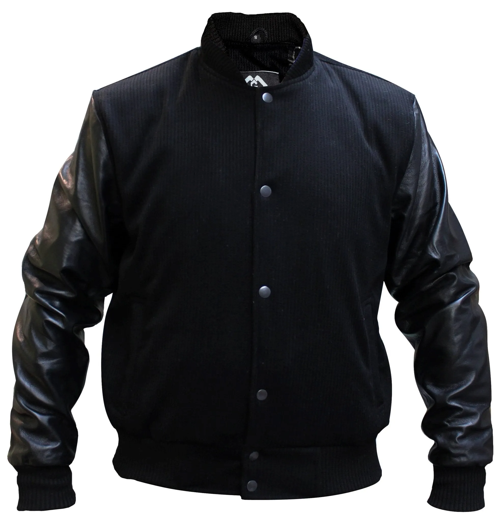 Mens Black Tweed Casual Bomber Jacket with real leather sleeves