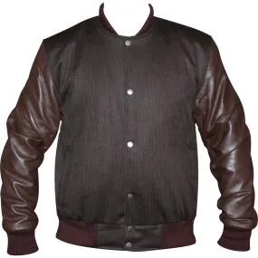 Mens Brown Tweed Casual Bomber Jacket with real leather sleeves